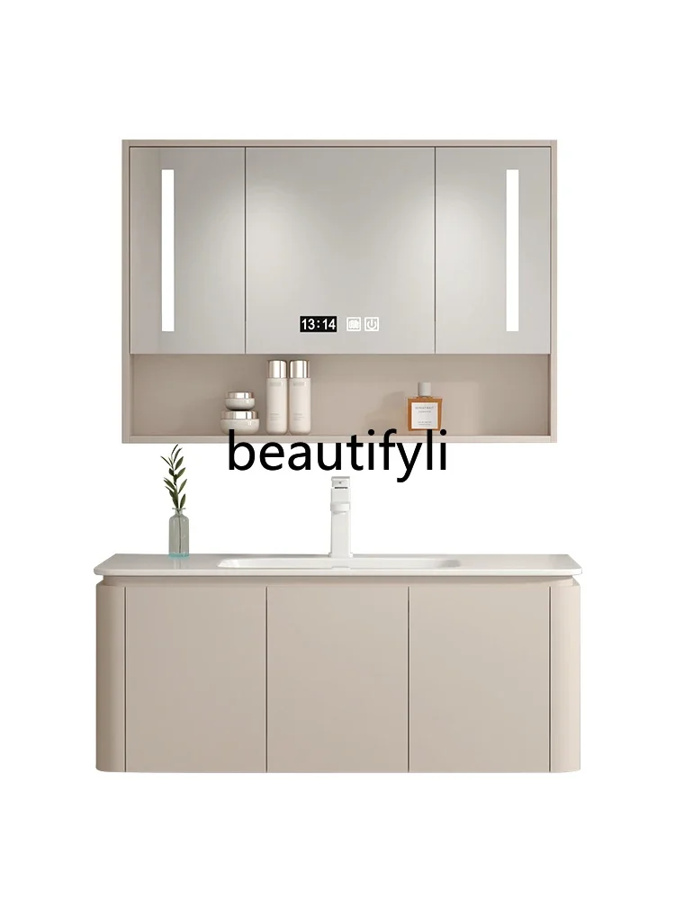 

Cream wind ceramic integrated basin, bathroom cabinet combination, smart mirror set, bathroom household washbasin