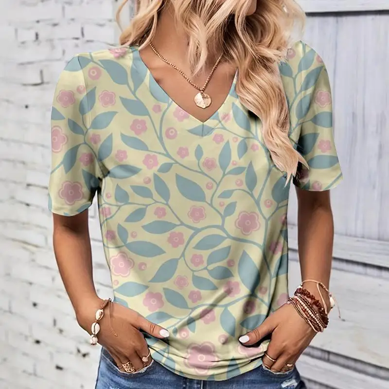 Modne letnie koszulki z nadrukiem 3D w kształcie liści Damskie koszulki z krótkim rękawem z dekoltem w szpic Y2K Casual Tees Harajuku Tops Odzież damska