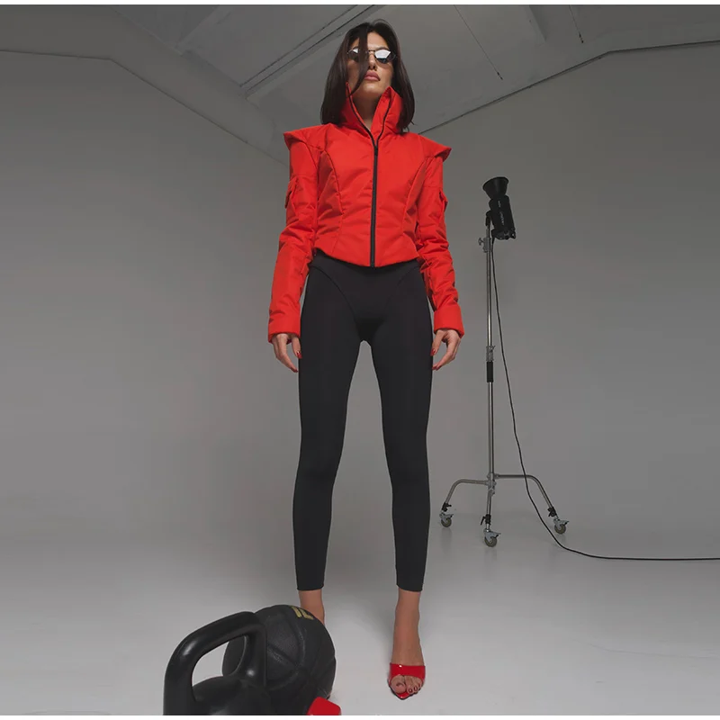 Women's Winter Coat Short Padded Coats Stand Collar Cinched Waist Pad Shoulder Zipper Jacket Street Warm Outerwear For Ladies
