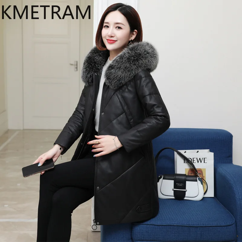 100 % Schaffell-Daunenmäntel für Damen, echtes Leder, schwarze Pufferjacke mit Kapuze, Fuchspelzkragen, 2025, Winterkleidung für Damen