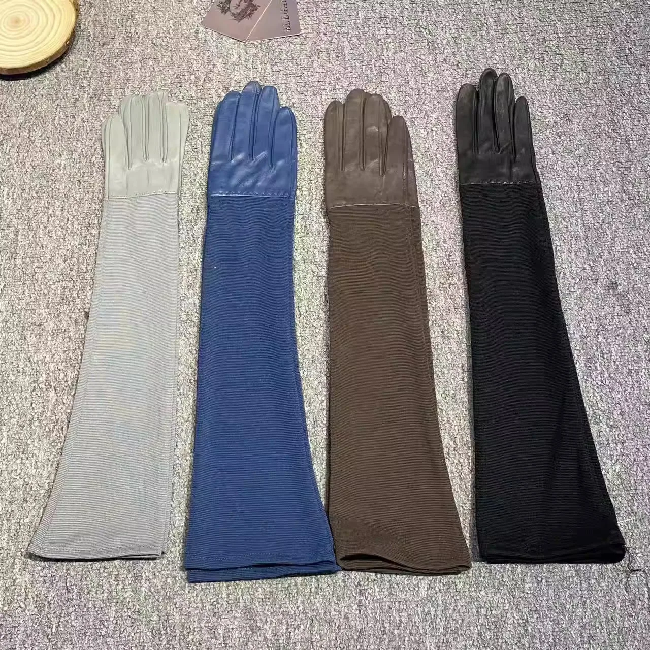 Women's Knitted Patchwork Sheepskin Leather Elastic Long Glove Autumn Winter Performance Driving Glove R3212