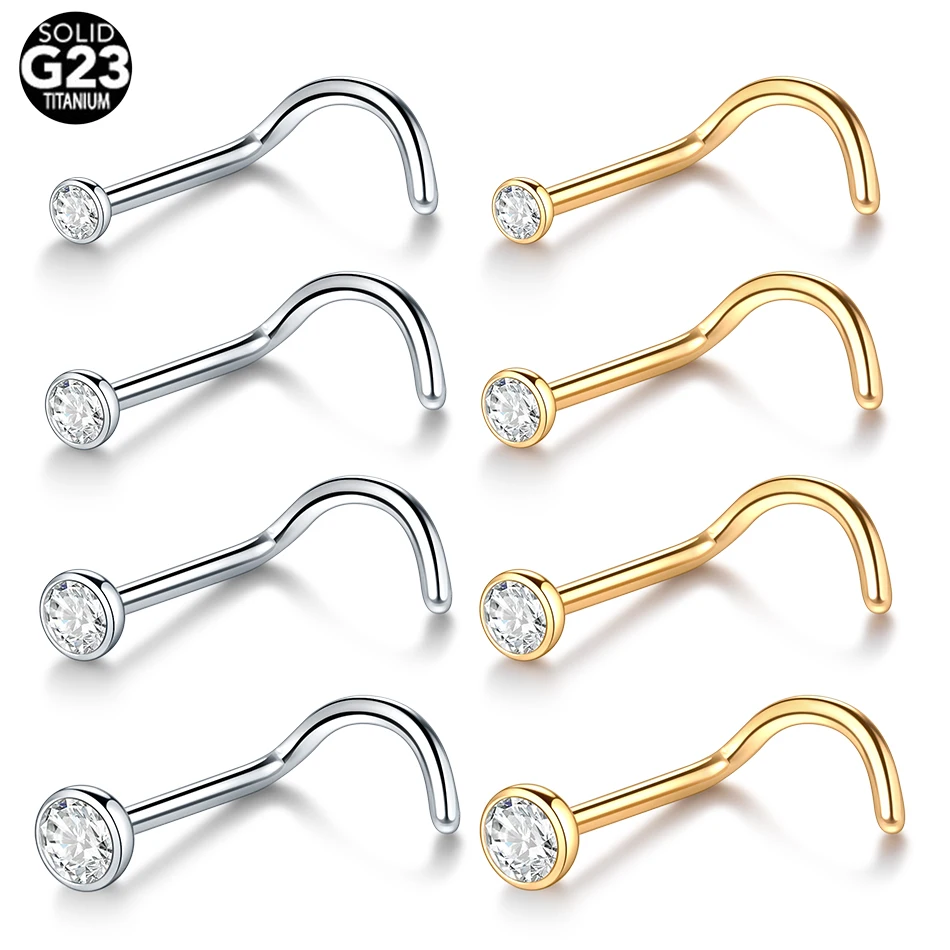 5pcs G23 Titanium Cubic Zirconia Nose Screw Piercing 20G & 18G Nostril Earrings Nariz Stud Piercing Body Jewelry