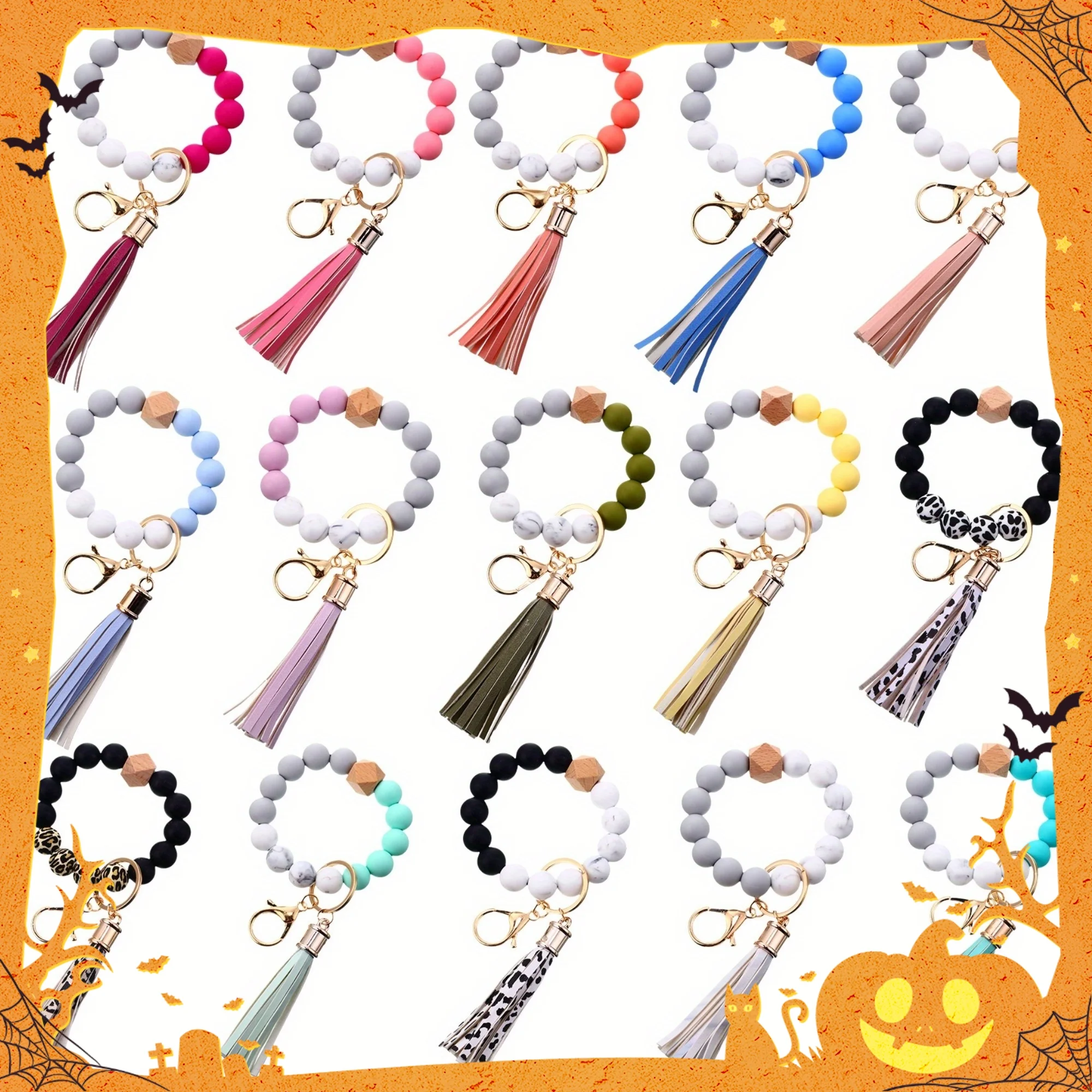 

15pcs Silicone Beaded Key Ring Bracelet For Women Portable Car Keys Keychain Wristlet Holder With Tassel Bangle Chain Keyring Pa