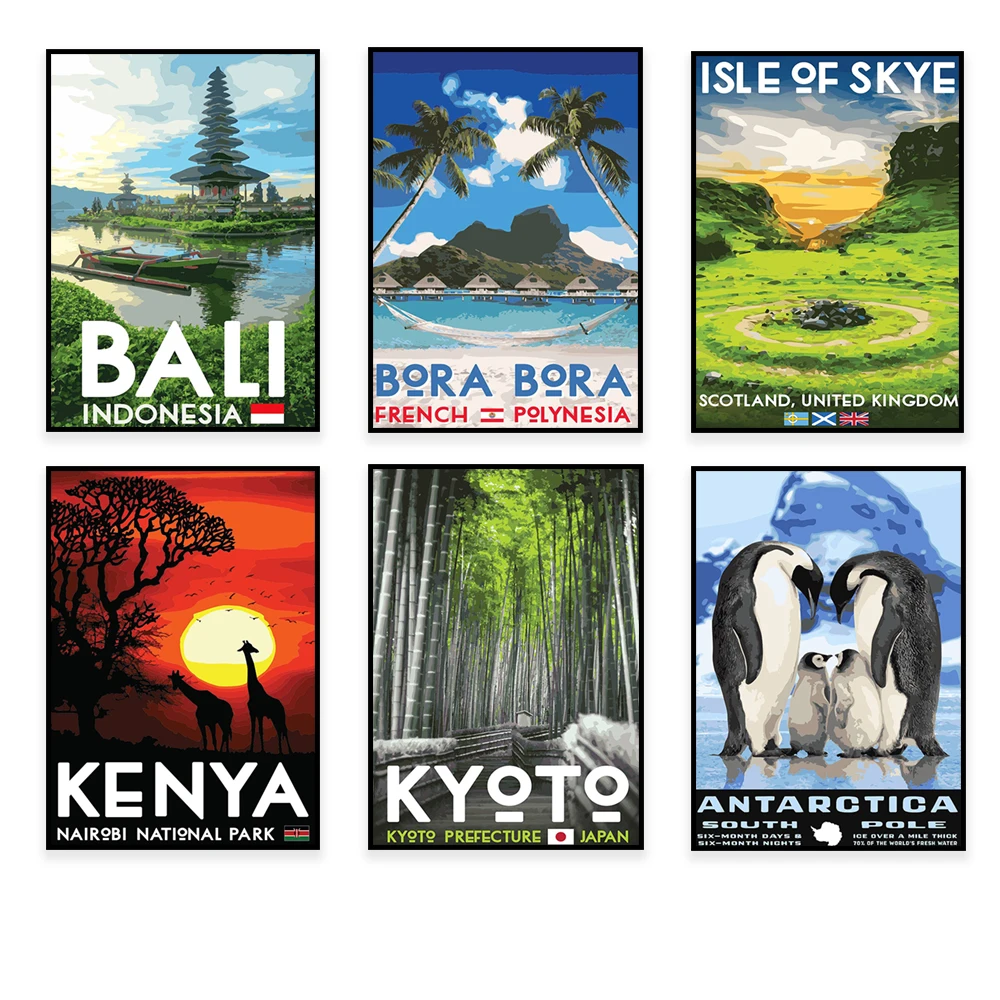 Antarctica, Tower Bridge, Mont Saint Michel, Bora Bora, Cinque Terre, Greek Islands, Peru, Bali, Isle of Skye travel posters