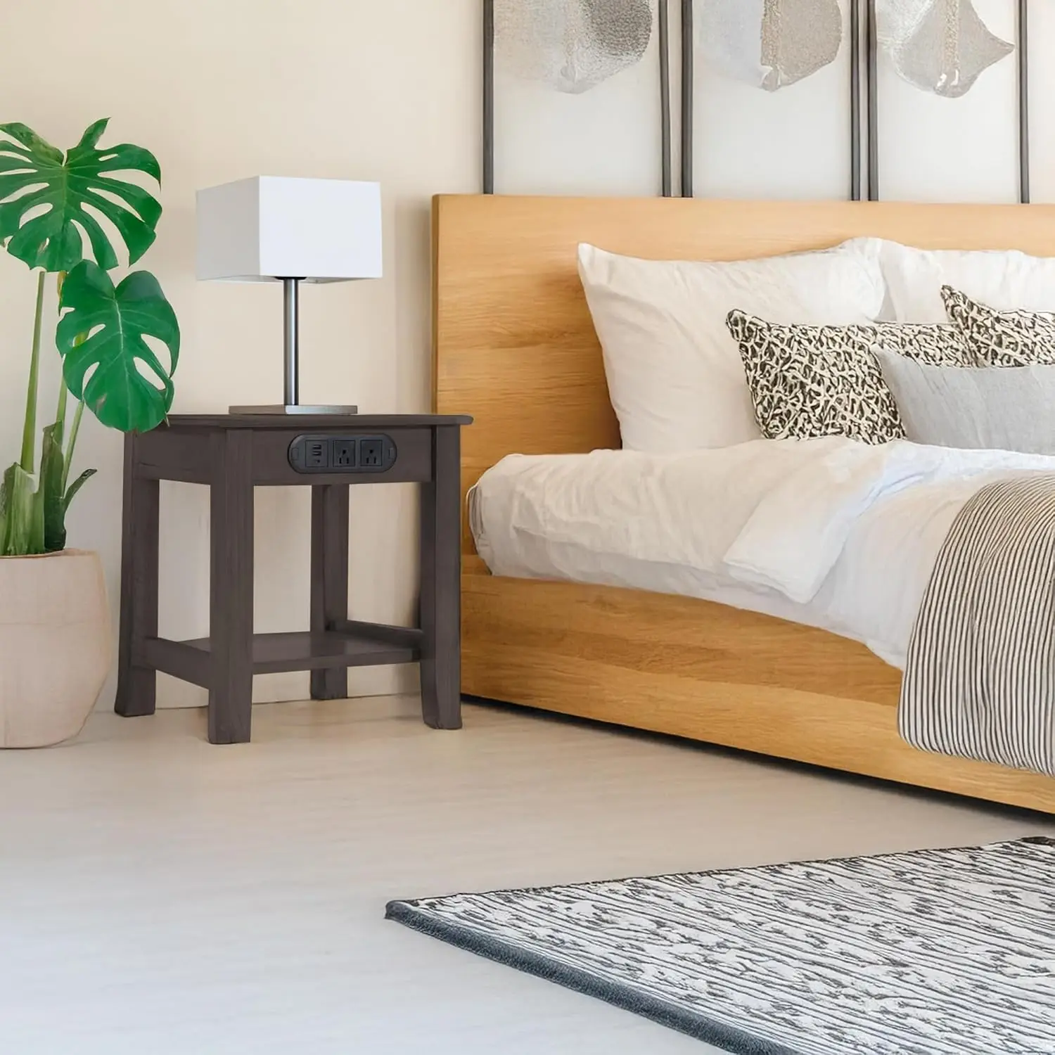 

KAWIND Торцевой столик из цельного дерева с зарядной станцией, 2 USB и 2 розетками переменного тока, темный орех, компактный приставной столик для гостиной, спальни