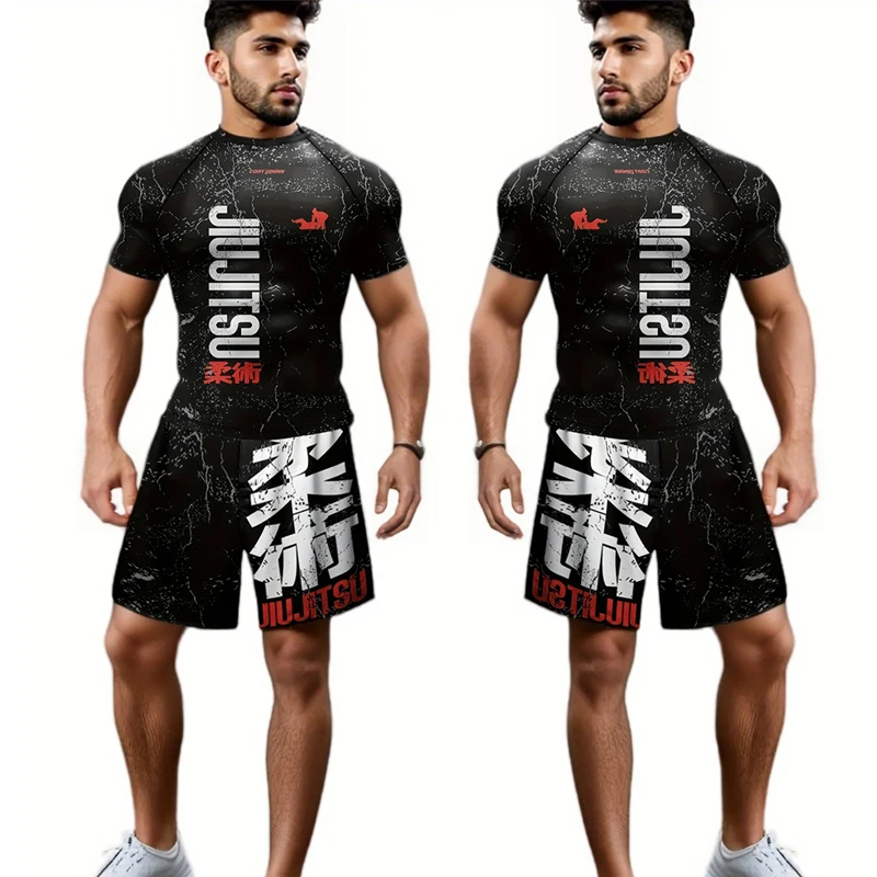 

New MMA T-shirt +Pants Set Jiu Jitsu Rashguard For Men Brazilian Grappling Bjj Boxing Rash Guard Sport Clothing Muay Thai Shorts