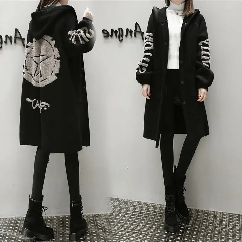 Mid-length Hooded Cardigan Women European Station 2022 Autumn and Winter New Korean Version Thickened Sweater Fashion Loose Coat