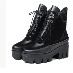 Moraima Snc punta tonda stringata stivali neri piattaforma Patchwork scarpe a spillo per le donne stivali con tacco alto grosso Zapatillas Mujer