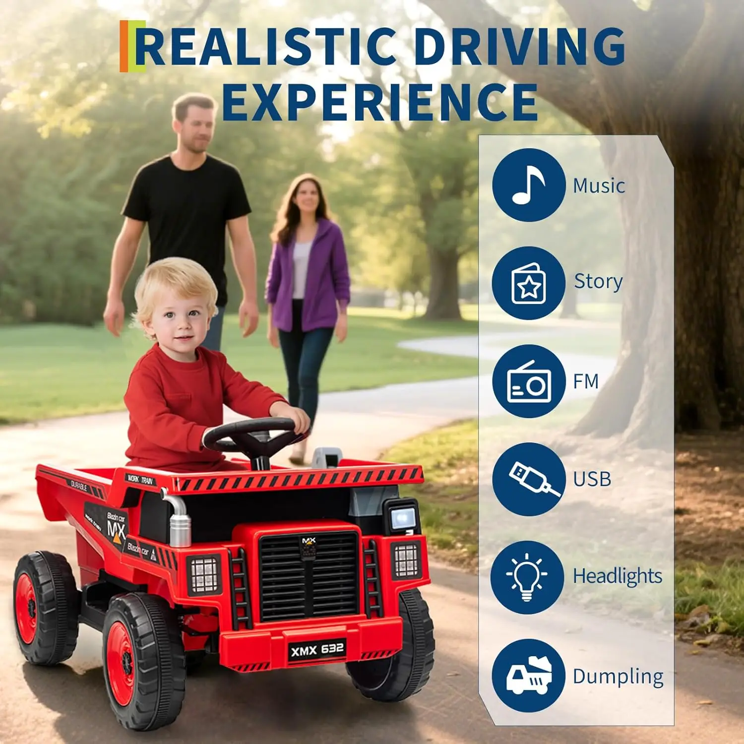 12V 電動ダンプトラック（子供用）リモコン付き、電動ダンプベッド＆ショベル、Bluetooth音楽、LEDライト、30wデュアルモーター、時速3.1マイル