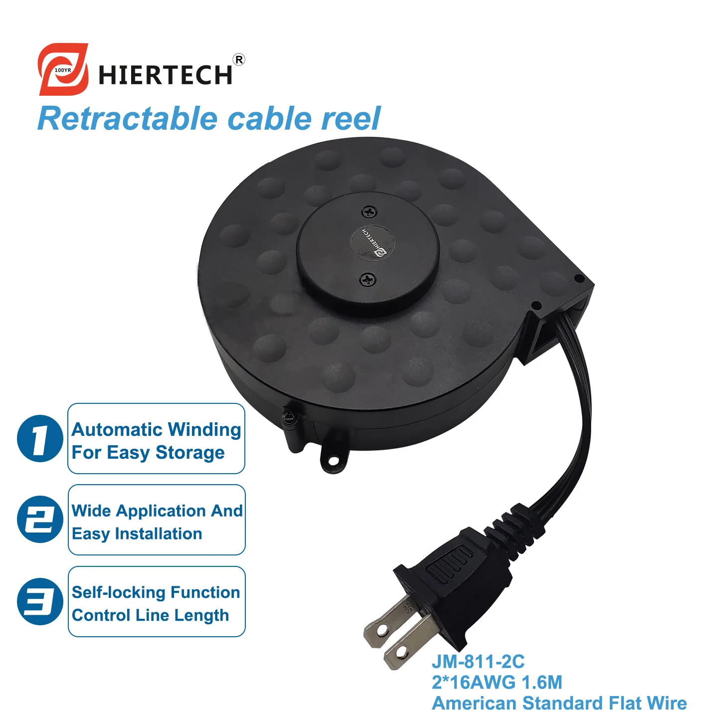 

Кабельная катушка Hiertech Black American Standard 16AWG для автоматического управления кабелями: легкая, портативная и простая в использовании