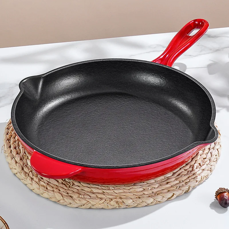 Enameled Cast Iron Skillet Single Handle Double Guide Spout Nonstick Frying Pan Round Griddle Pot 26cm For Stove Top and Oven