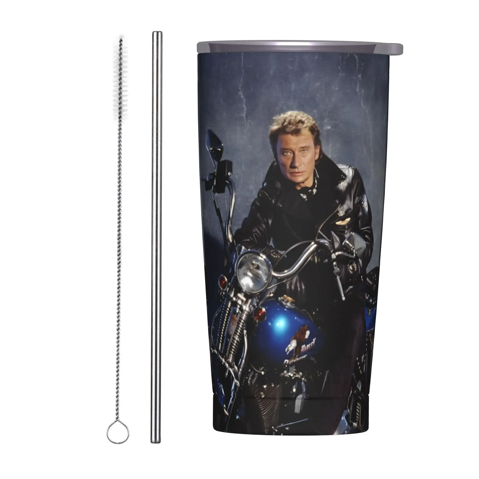 Johnny Hallyday Insulated Tumbler with Straws Rock Music French Singer Stainless Steel Coffee Mugs Double Wall  Bottle Cup, 20oz