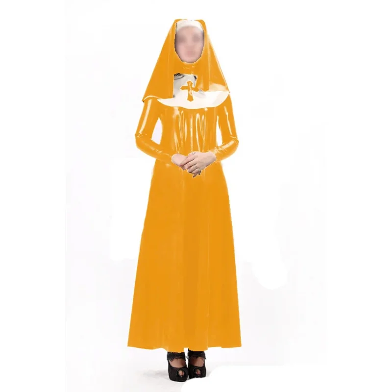 Sexy women nun dress uniform 3 pieces sets wet look PVC faux latex long sleeve maxi dress bib headgear cosplay costume s-7xl