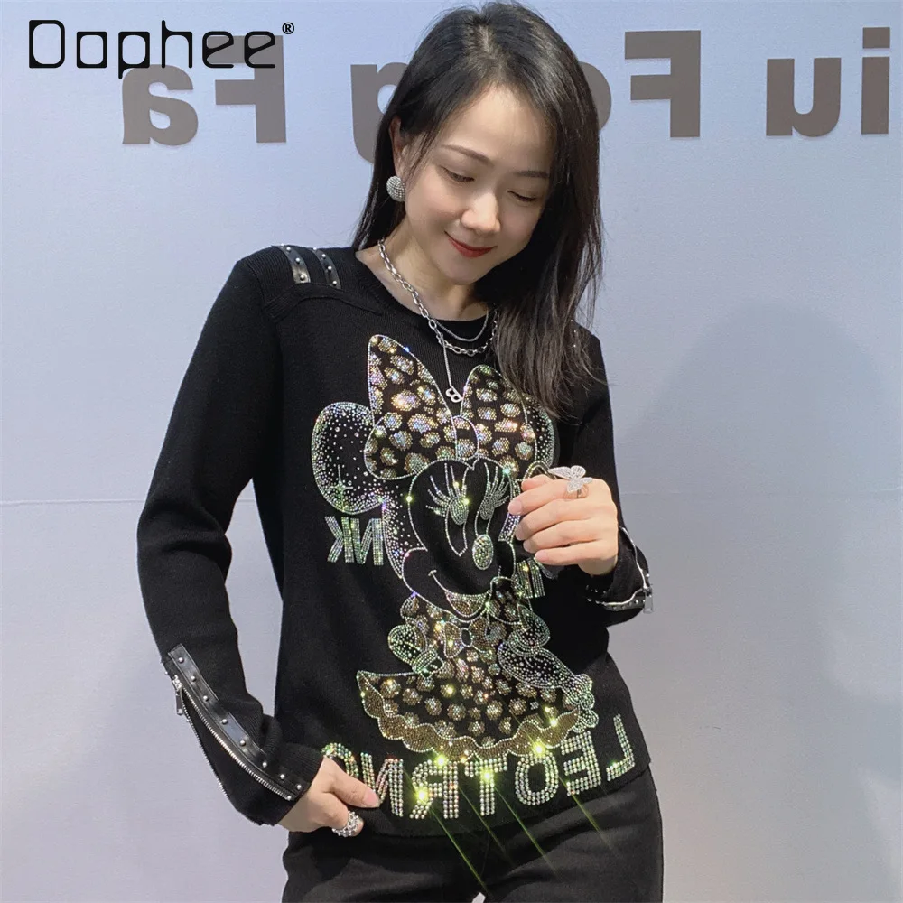 

Fashion Round Neck Long Sleeve Ribbed Knit Sweater with Heavy Rhinestones and Fashionable Zipper Knitwear Sweater Women