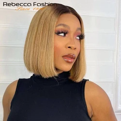 Rebecca blonde-Peluca de cabello humano liso con encaje frontal para mujer, postizo de encaje frontal brasileño, Color T, transparente, HD, 27 #