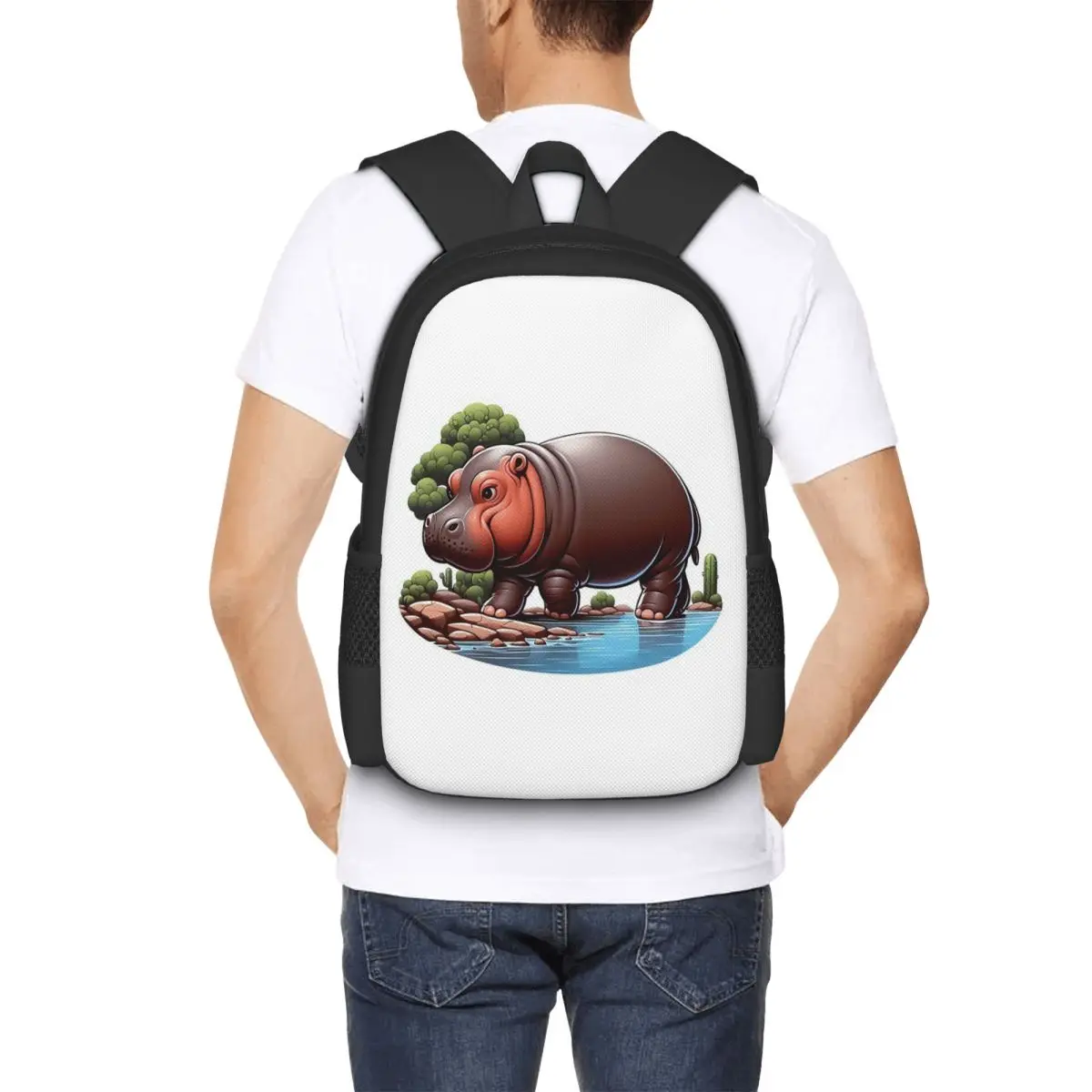 A Pygmy Hippopotamus Strolling By The River Backpack Hot Sale Daypack  Boys Girls BookBag School Bag Shoulder Bags for Men Women