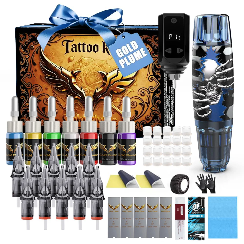 Tattoo Pen Kit with 1100mAh Tattoo Power Supply, 10Pcs Tattoo Cartridge Needles, 7 Colors Tattoo Pigment Inks & Various Auxiliary Tools, Tattoo Supplies for Beginners