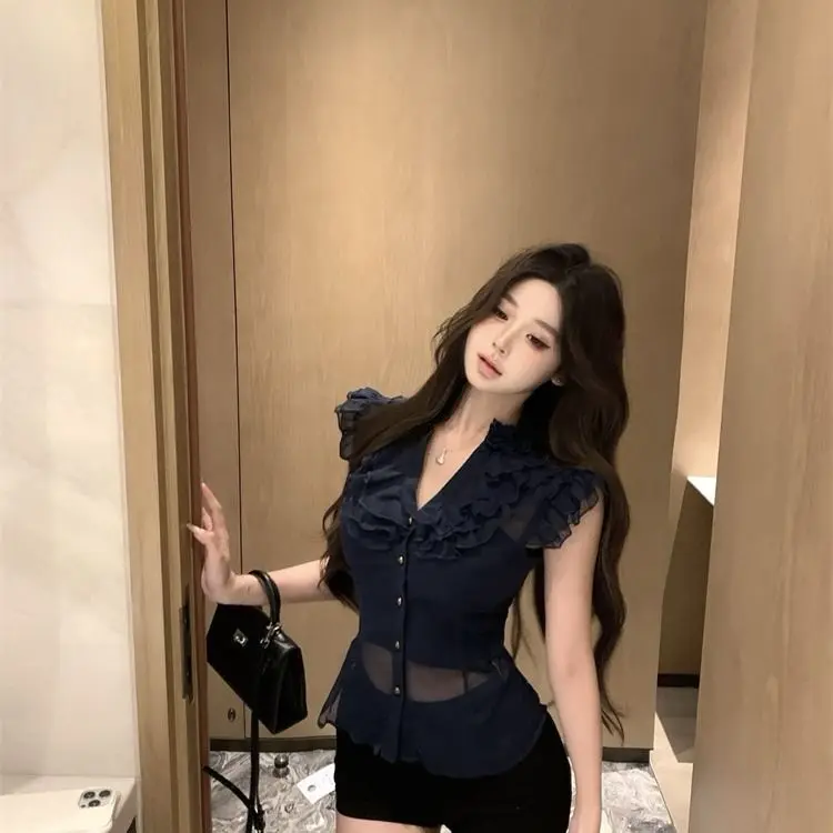 Frans mouwloos chiffon overhemd 2025, lente zomer, nieuw temperamentontwerp, blusas de mujer, casual tops, dh Porno, Femmes