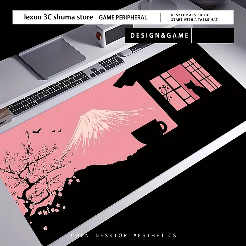 Tappetino per mouse con design Mount Fuji e fiori di ciliegio da 1 pezzo - Base in gomma antiscivolo, bordi cuciti, tessuto a maglia, gomma naturale resistente
