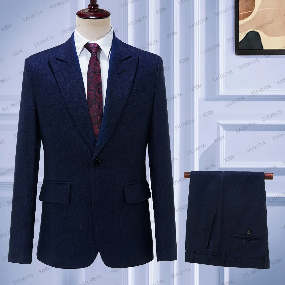 

2023 New Arrival Dark Blue Denim Stripe Tuxedos Suit For Men Wedding Slim Fit Gentleman Jackets Pants 2 Pieces Set Male Costume