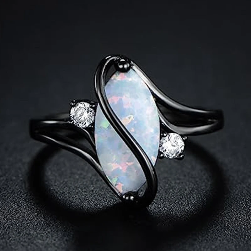 Huitan Unique Black Rings with Oval Simulated Opal Stone Personality Women Accessories Daily Wear Party Y2K Girls Trendy Jewelry