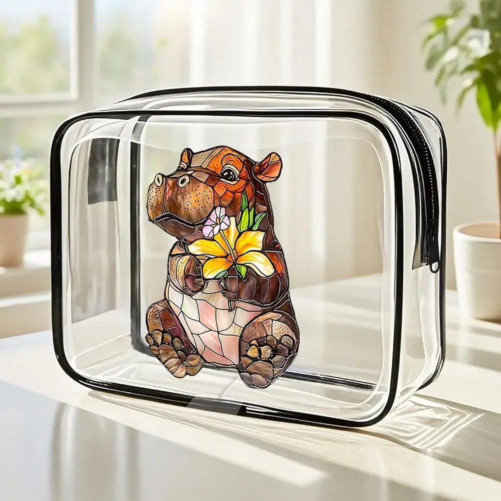Toiletry Bag Stained Glass Hippo Clear PVC Makeup Bag Vintage Art Style With Floral Accent Zippered Portable Cosmetic Organizer