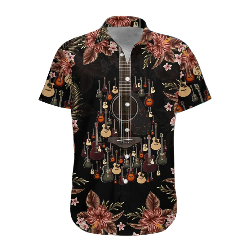 Mens Acoustic Guitar Graphic Hawaii Shirt 3d Full Print Saxophone Graphic Tee Shirts Men Casual Short Sleeve Button Down Shirts