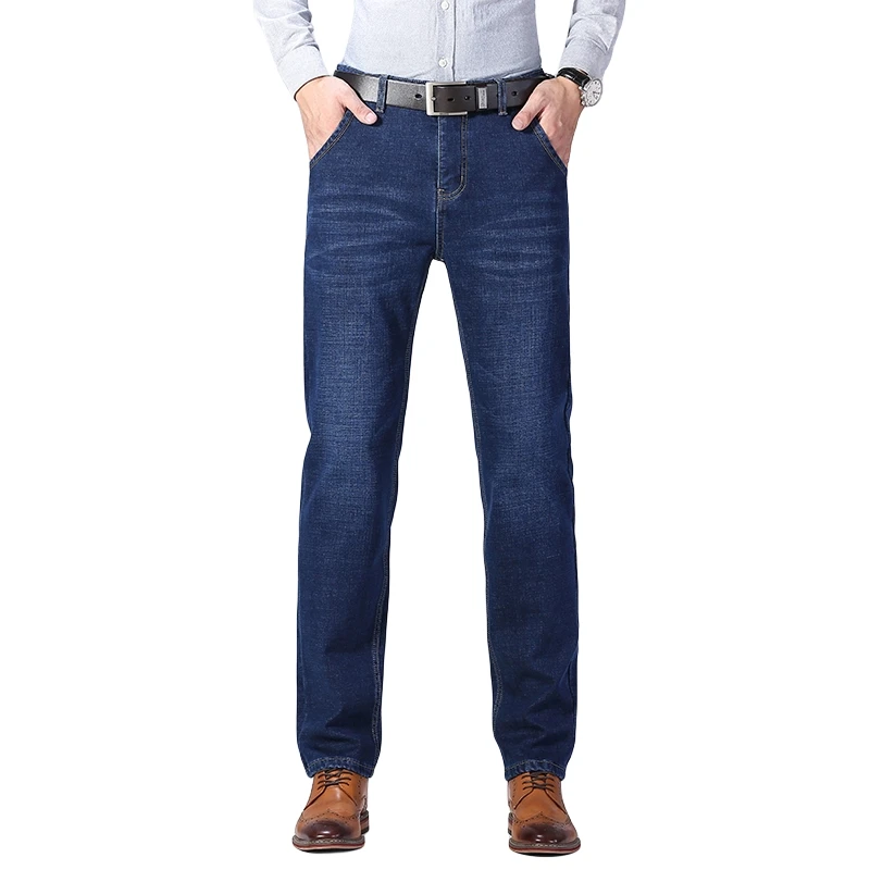 Men's Straight Fleece Jeans Black Winter Elasticity Warm Velvet Thick Loose Blue Stretch Denim Trousers Brand Male Fit Pants