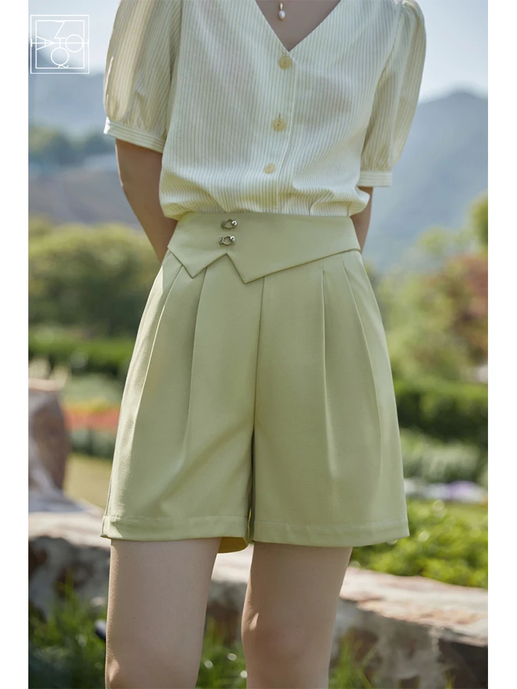 ZIQIAO 2022 Summer Vintage Chic Style Women Shorts High Waist Design Sense Commute Casual Office Female Suit Pants Thin Section