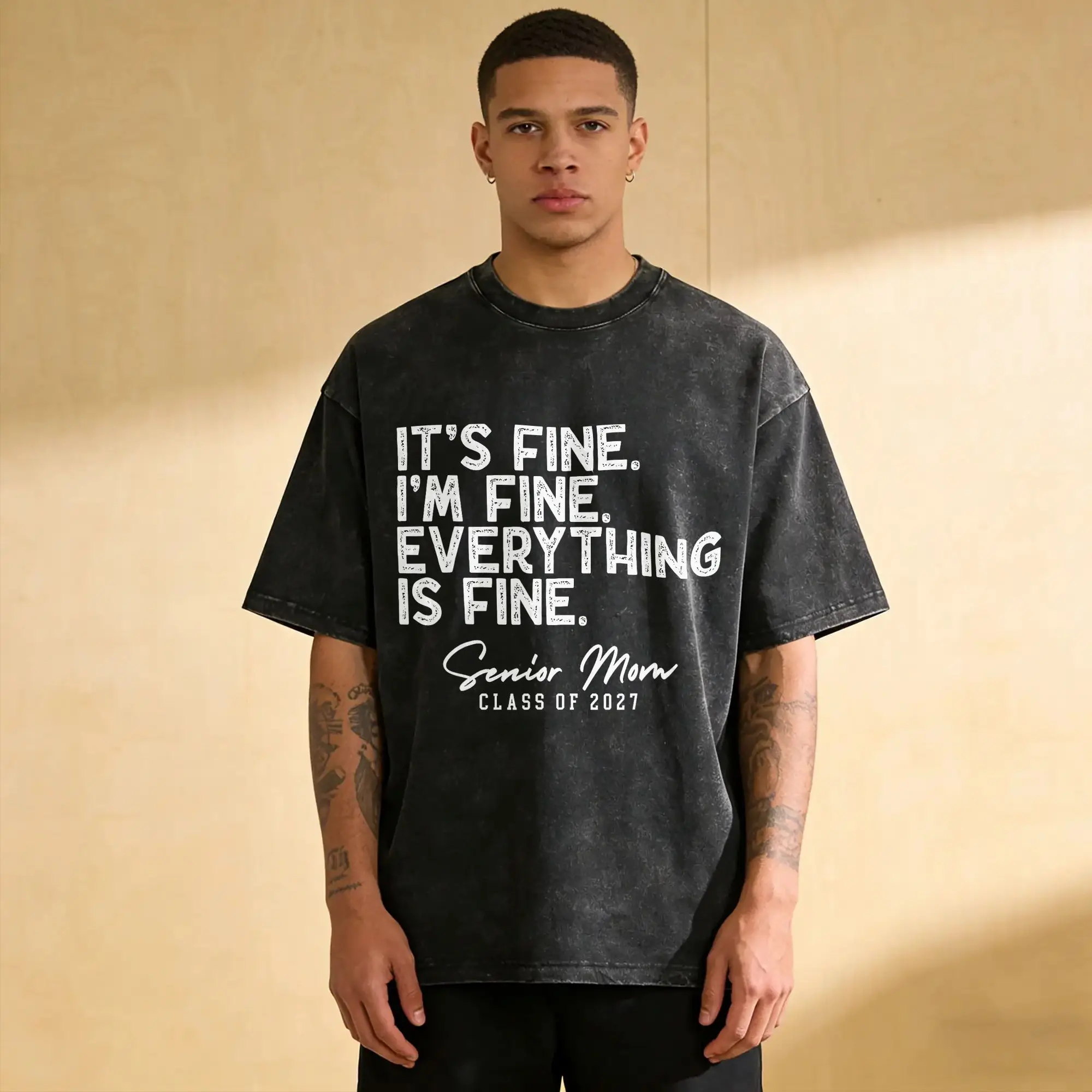 Vintage Retro I'm Fine Everything is Fine Senior Mom Class of 2027 T-Shirts Men Round Neck Cotton Washed  Clothing