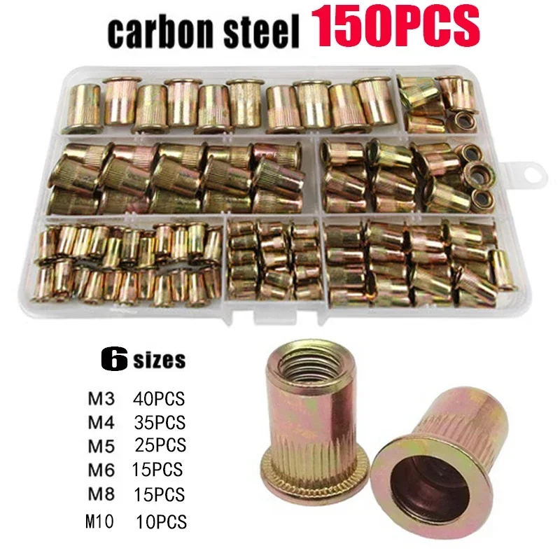 100/150/300pcs Box M3 M4 M5 M6 M8 M10 Flat Head Rivet Nuts Rivnut Set Assortment Kit 304 Stainless Steel Carbon Steel Aluminum M