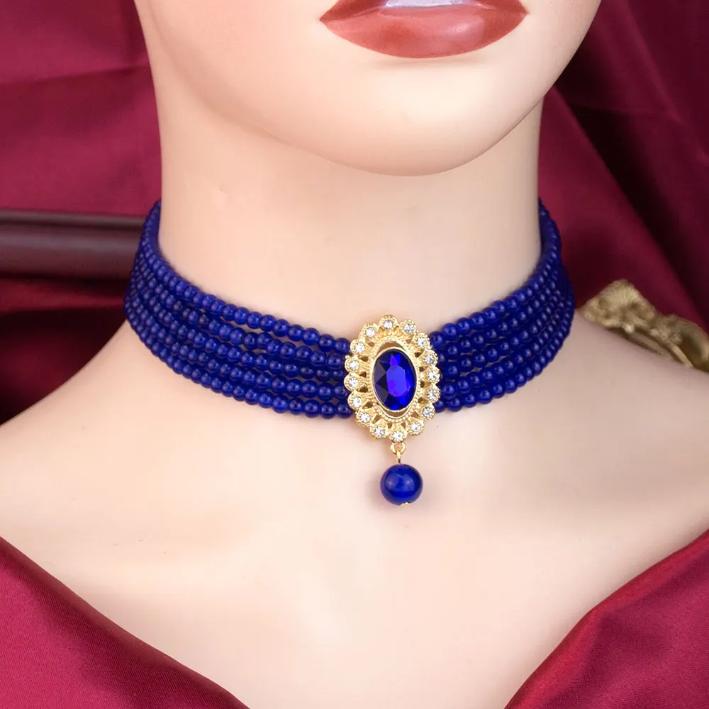 Sunspicems Chic Morocco Women Beads Choker Necklace Arabic Bride Wedding Jewelry Gold Color Crystal Pendant Jade Beads Bijoux