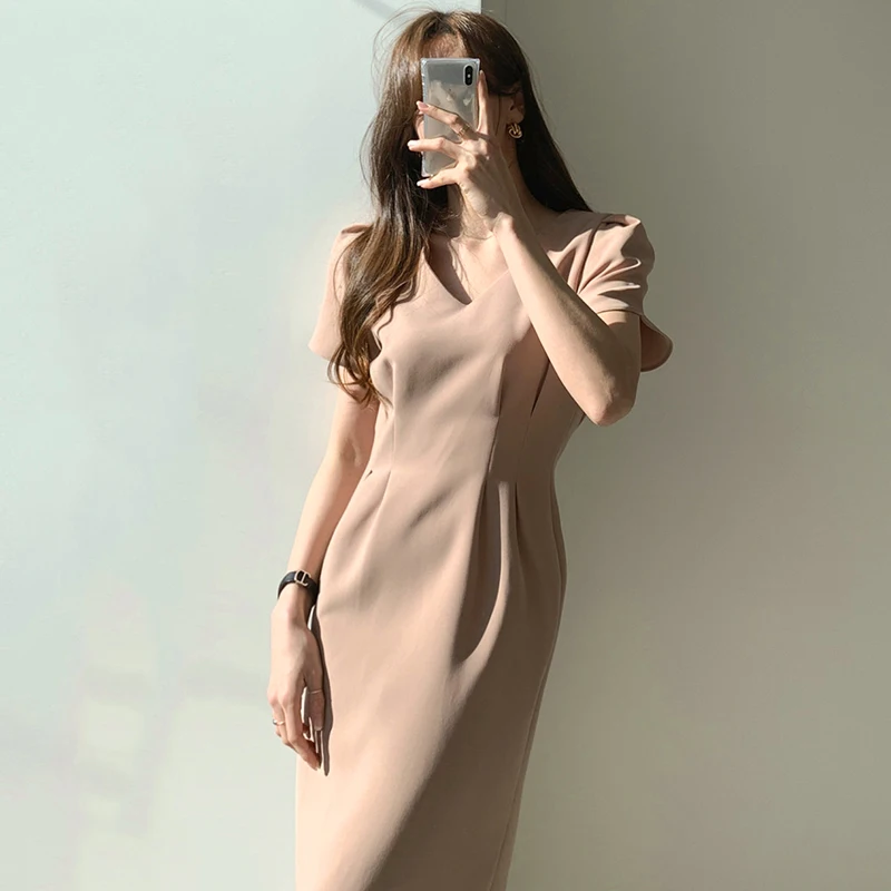 

Ele V-ne Slimming Midi Dr Women's ort Sve Pleated Waist-cinching Korean Sle High Waist Summer Dr