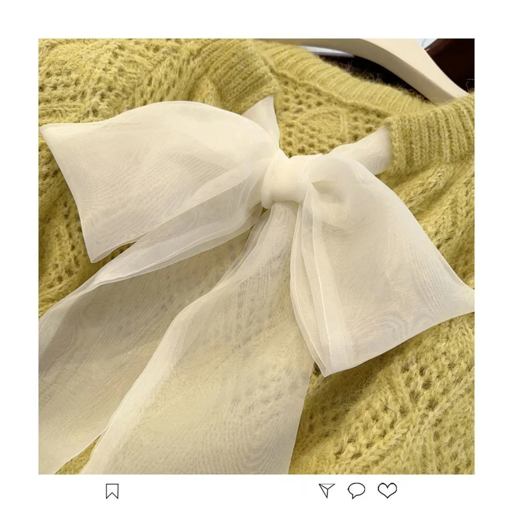 Women Sweaters Hollow Out French Style Bow Sweet Solid Loose Long Pullovers Korean Fashion Casual Elegant Female Sweater Tops