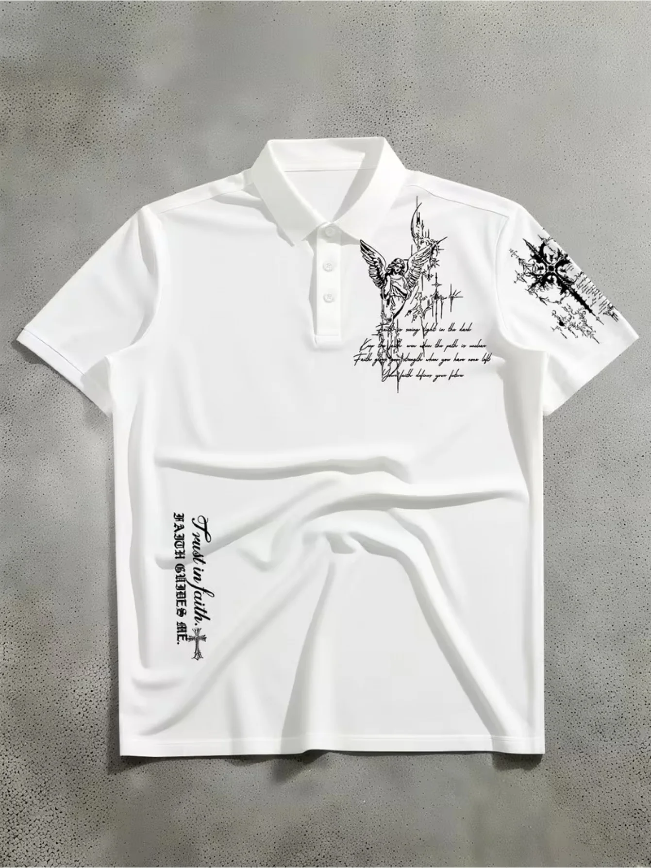 New Men's Short Sleeved Polo Casual Style Angel Image Fused with Dark Font Printed Polo