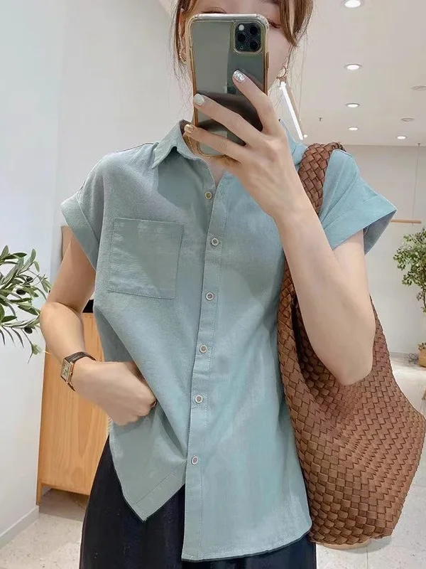 

2025 Summer New Sle Retro Slim Fit ort Sve irt Women plus Size Faionable Turn-down Collar Casual Comfortable Top