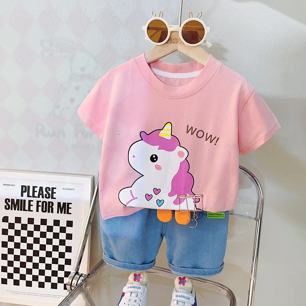 

Childrens summer suit 2023 new small children's letter animal short sleeve foreign baby girl clothes toddler baby girl top+pants