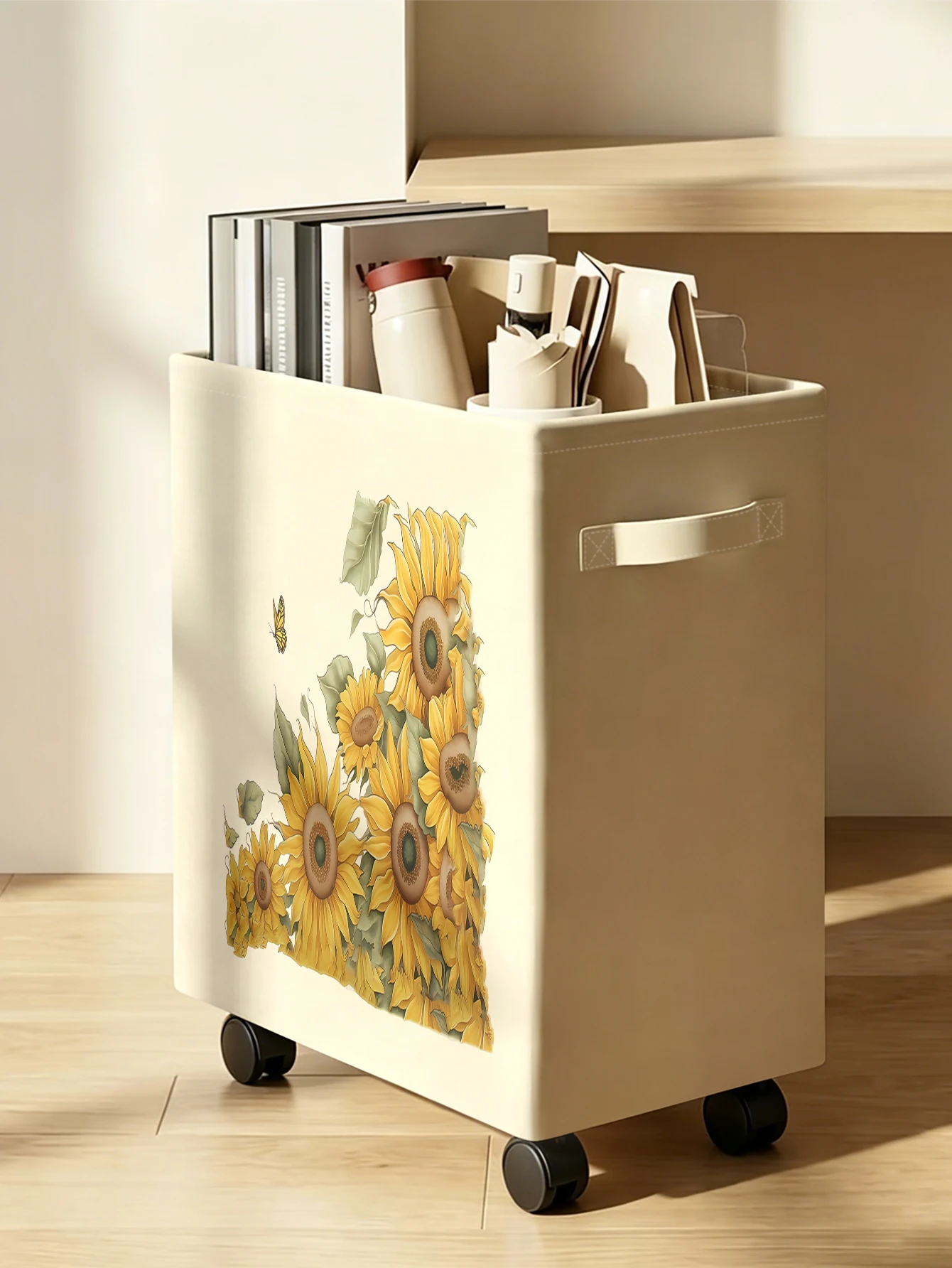 Sunflower Butterfly Print Rolling Storage Bin, Foldable Fabric Organizer Box with Wheels for Home Bedroom Closet Use