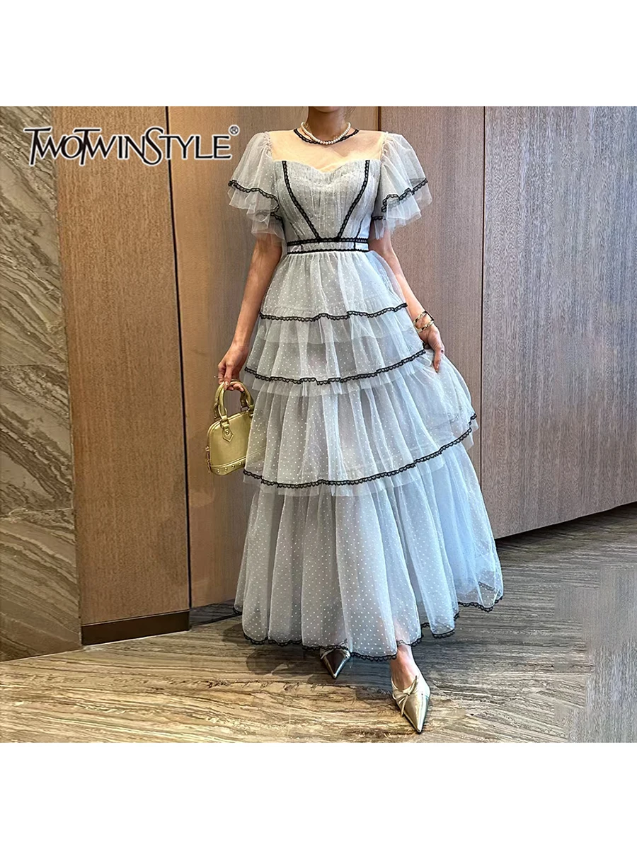 

TWOTWINSTYLE Colorblock Spliced Mesh Dresses For Women Round Neck Short Sleeve High Waist Patchwork Ruffles Folds Dress Female