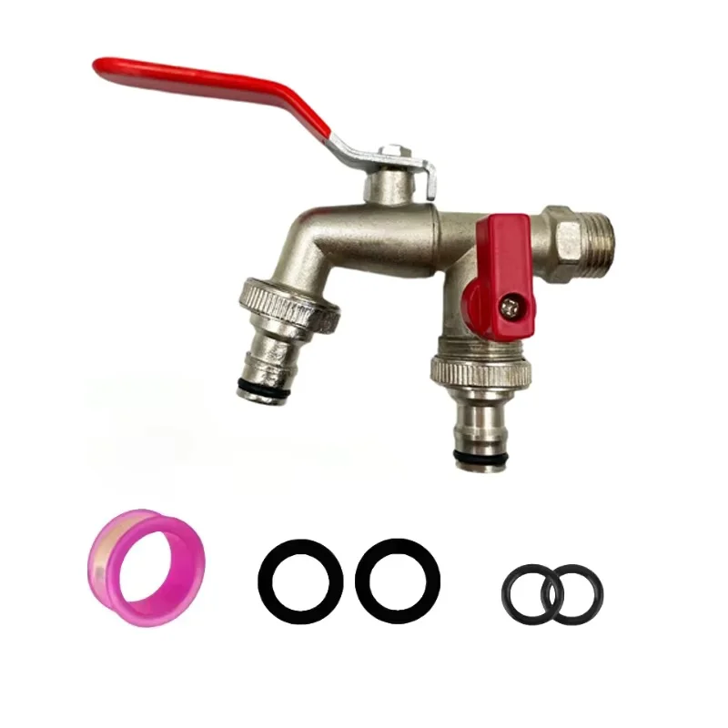 1/2 inch zinc alloy garden water pipe with red handle-double outlet, including sealing ring and raw material belt