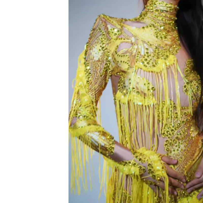 Kostium taneczny dla kobiet Seksowny obcisły trykot dla piosenkarki Tancerka Pokaz sceniczny Błyszczące niebieskie cyrkonie Frędzle Body na jedno ramię