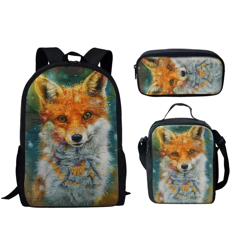 Popular Youthful Fox 3D Print 3pcs/Set Student Travel bags Laptop Daypack Backpack Lunch Bag Pencil Case