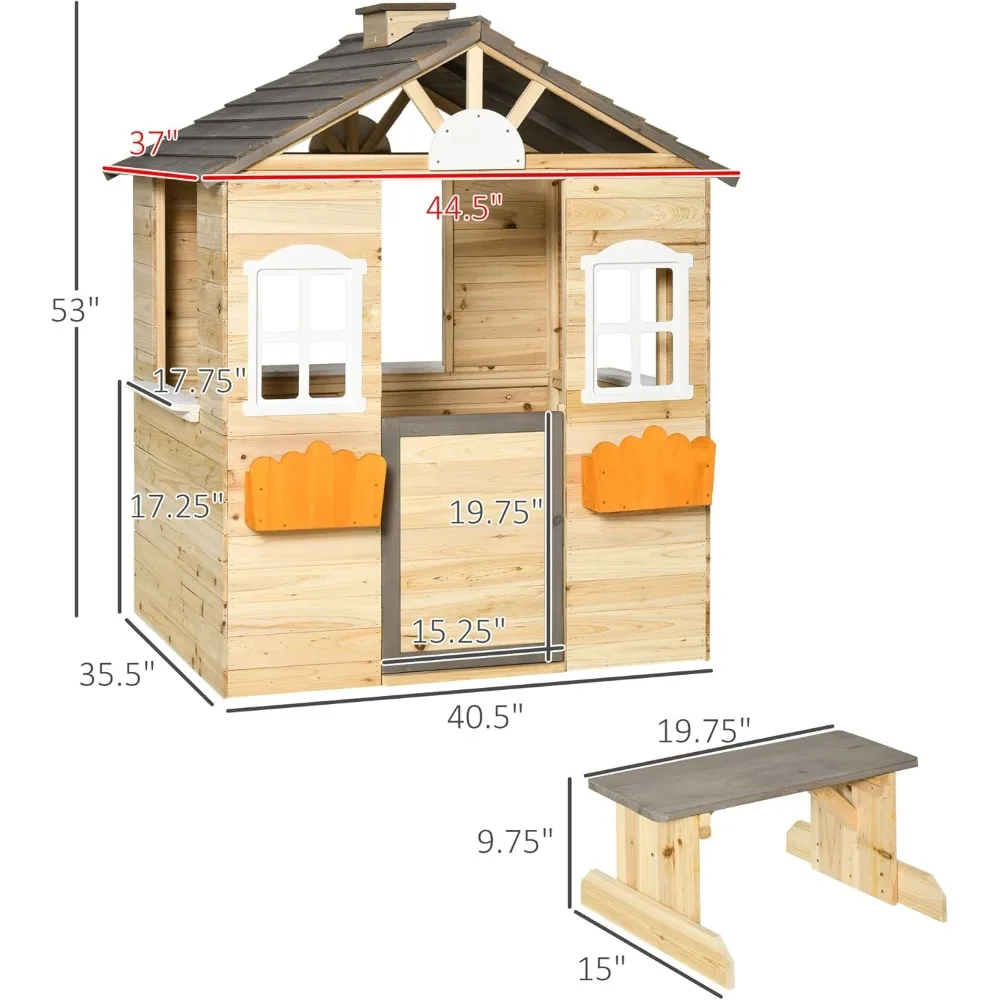 Playhouses, Wooden Playhouse for Kids Outdoor Garden Pretend Play Games, Adventures Cottage, with Working Door, Windows, Bench