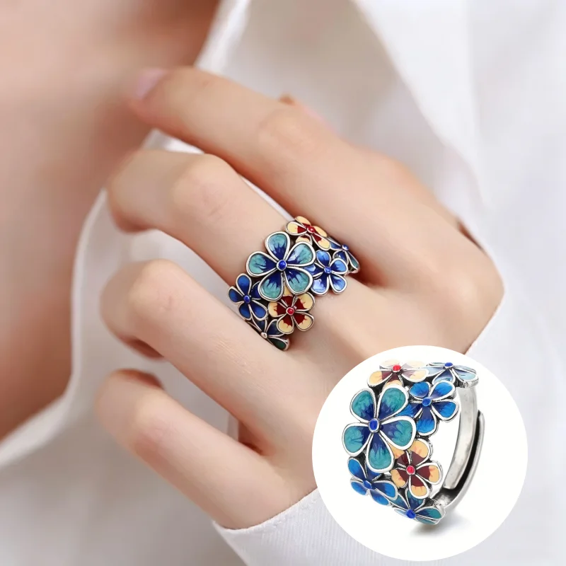 Aesthetic Design Imitation Enamel Floral Cluster Opening Ring for Women Fashion Vintage Banquet Festival Handmade Jewelry Crafts