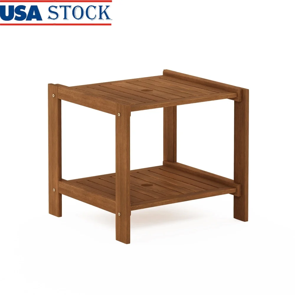 

Outdoor Hardwood Side Table with Umbrella Hole Storage Weatherproof Teak Oil Treated Garden Backyard Assembly Included