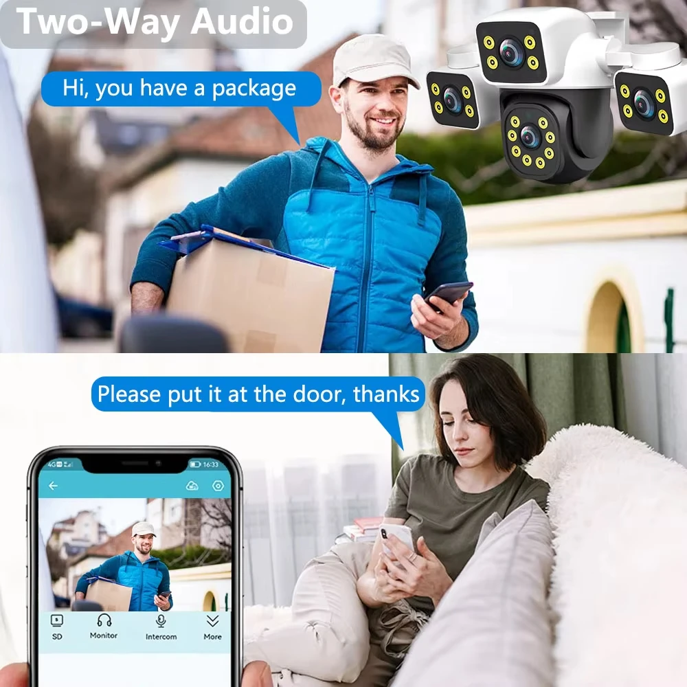 Telecamera IP WiFi 6K 12MP HD 3 obiettivi 3 schermi Cam esterna Tipo umano Rilevazione AI Tracciamento automatico Monitoraggio sicuro CCTV IP