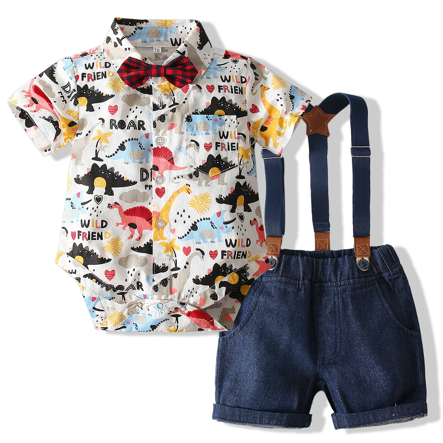 

Children's Fashion Handsome Little Gentleman Boys' Cartoon Dinosaur Set Short Sleeve Wrapped Fart One Piece Romper 2 Pieces