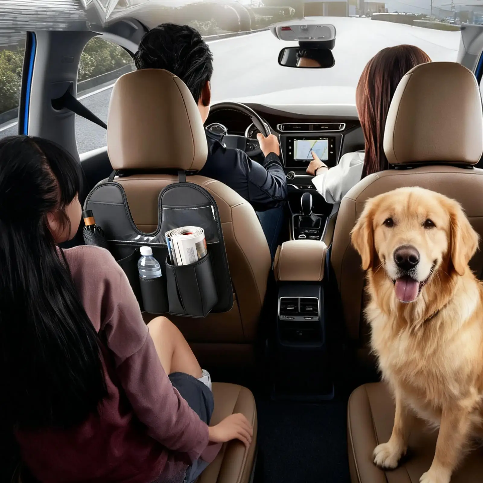 Back Seat Organizer Leather Large With Cup Holder Behind Seat Car Organizer Kick Mats For SUV RV Truck Sedan Kids Toys Snack