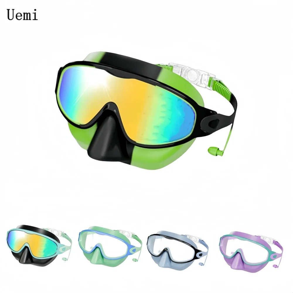Kinder-Silikon-Nasenschutz-Schwimmbrille mit Weitwinkel, Antibeschlag, UV400, Tauchbrille, auslaufsicher, für Kleinkinder 3-12 Jahre