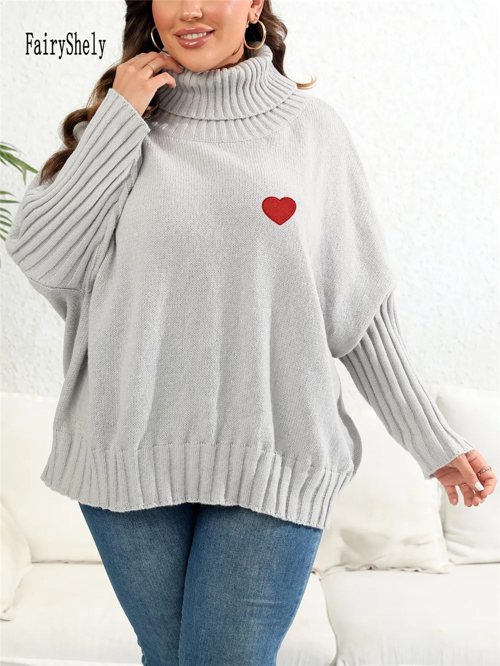 2025 zimowy sweter z golfem Plus Size damski serce duży sweter Lady Casual luźny sweter Oversize duże koszulki krągła dzianina